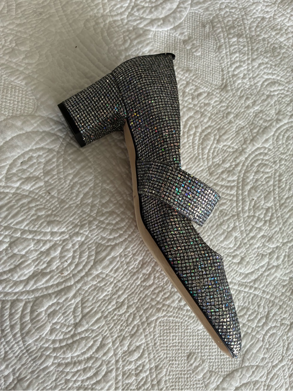 SJP by Sarah Jessica Parker Iridescent Crystal Block Heel Pump in Black